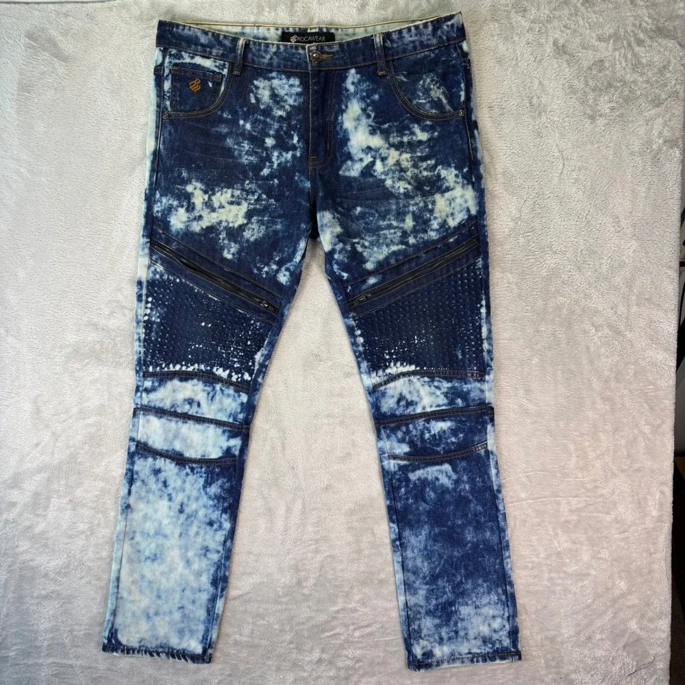 Rocawear Men's Moto Jeans Sz 36 Blue Acid Wash Zip Knee‎ Detail Streetwear